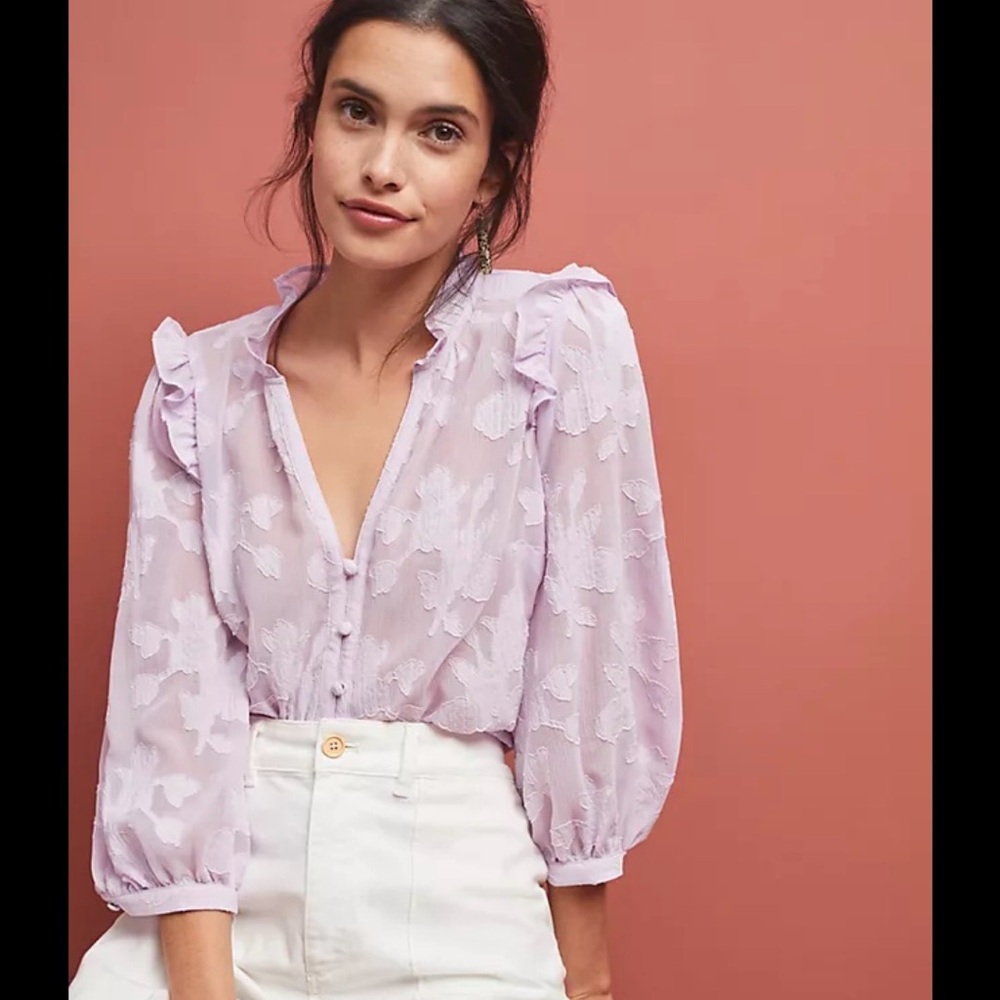 Maeve by Anthropologie Mallory Lavender Sheer Jacquard Ruffle-Trim Blouse